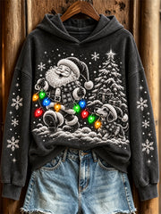 Women's Santa Claus & Dachshund Dog Colorful Christmas Lights Print Hoodie