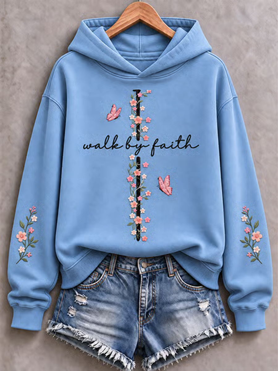 Women's Casual "Faith" Cross-Print Regular Sweatshirt