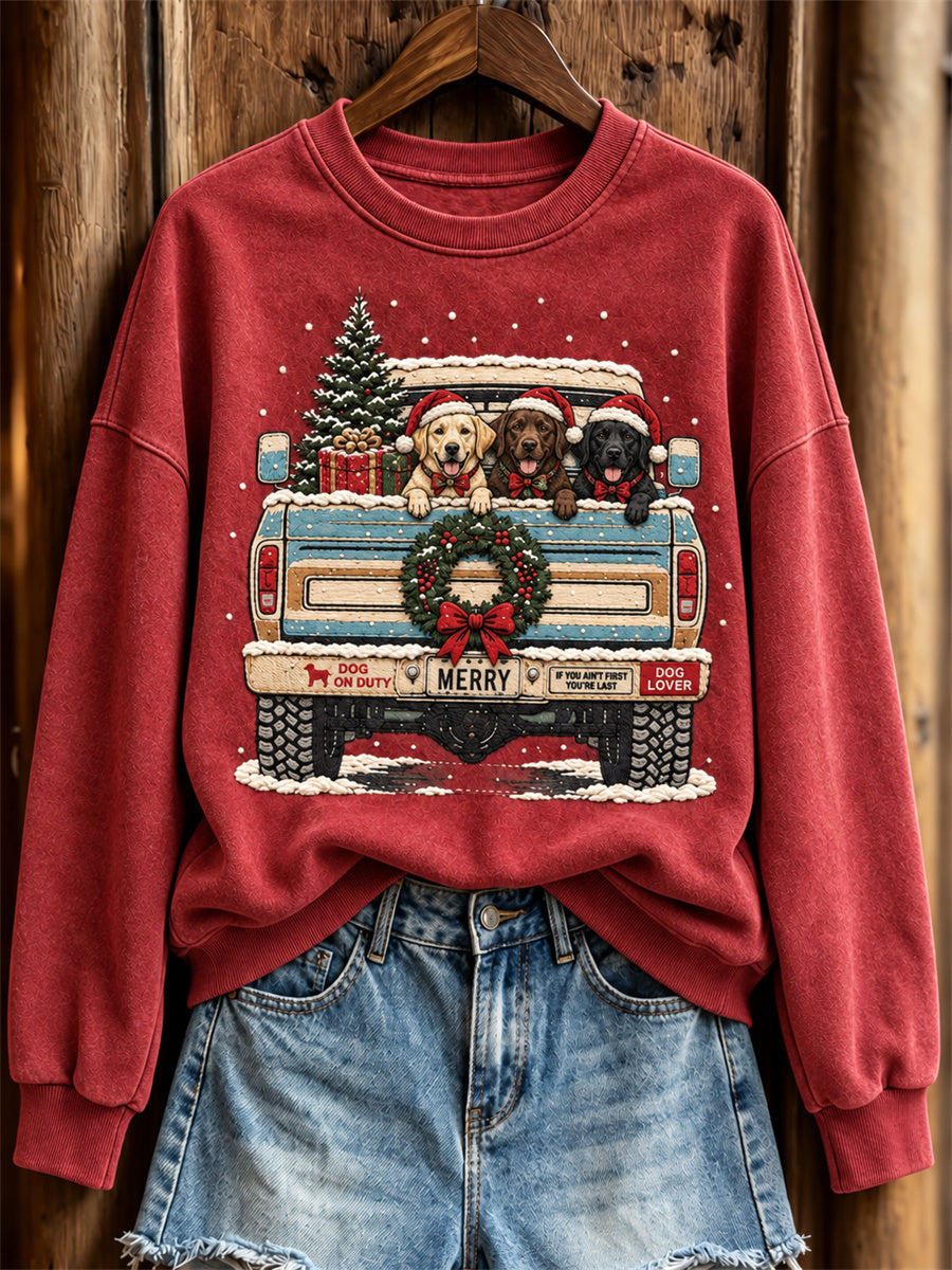 Women's Vintage Christmas Labrador Dogs & Truck Print Sweatshirt