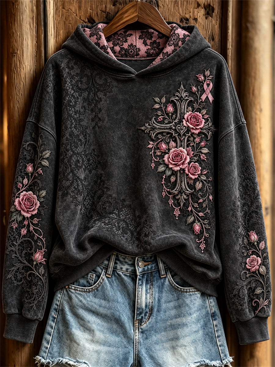 Women's Vintage Gothic Cross & Pink Ribbon Roses Floral Lace Print Hoodie