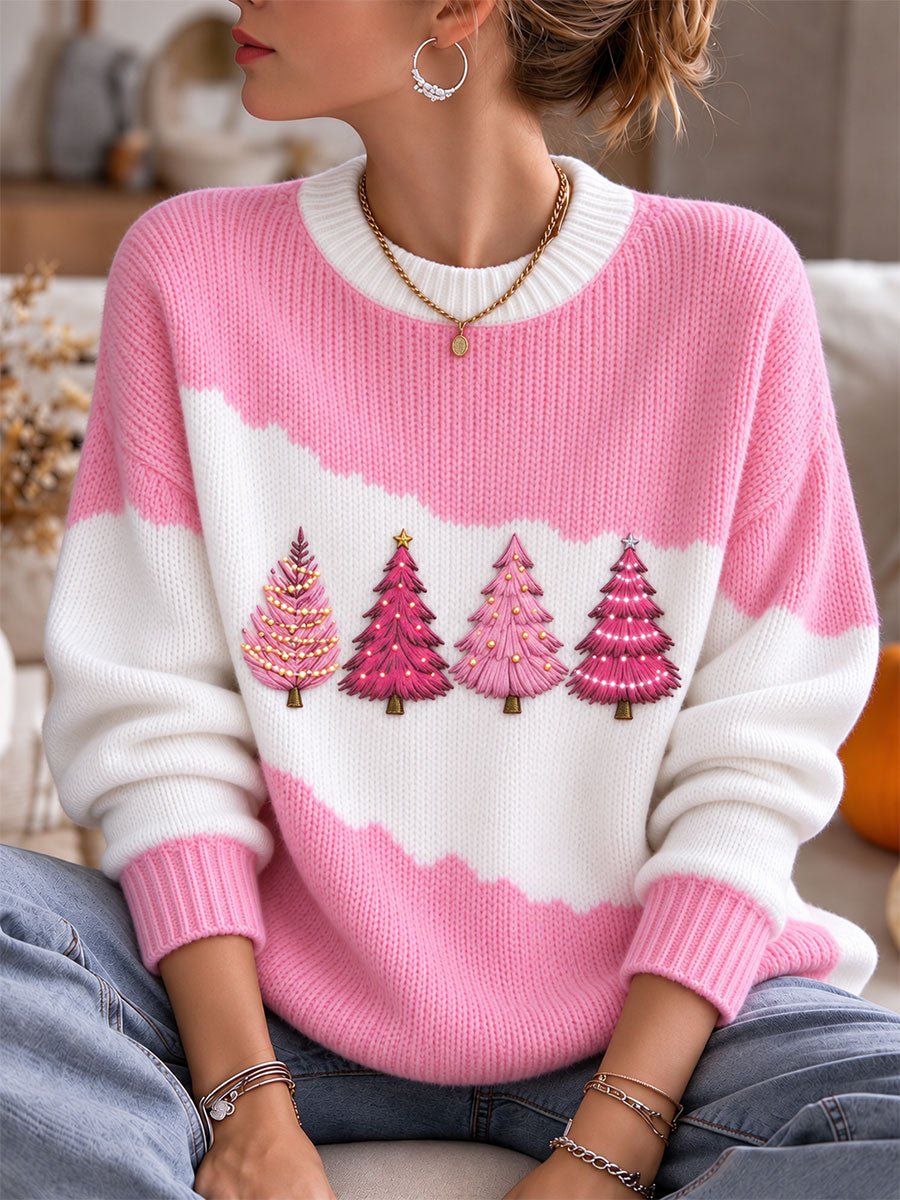 Women's Pink Christmas Tree Cozy Knit Sweater