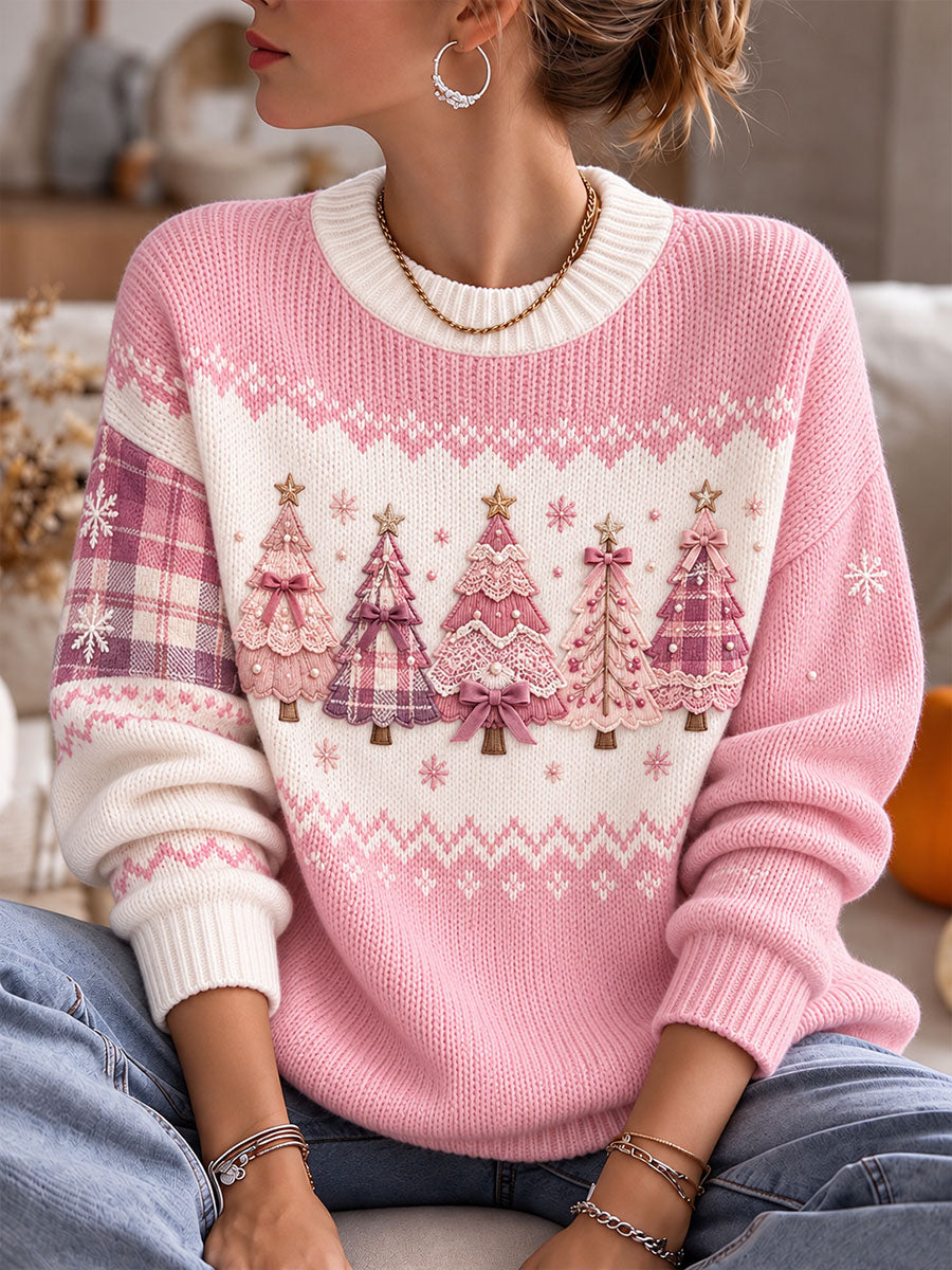 Women's Pink Christmas Tree Cozy Knit Sweater