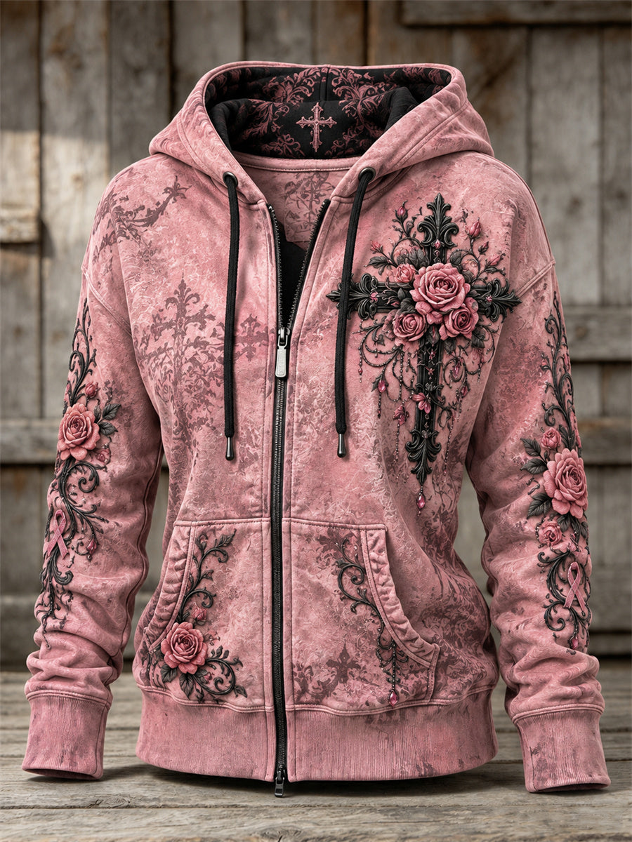 Women's Vintage Pink Ribbon Gothic Cross Roses Floral Art Print Full Zip Hoodie