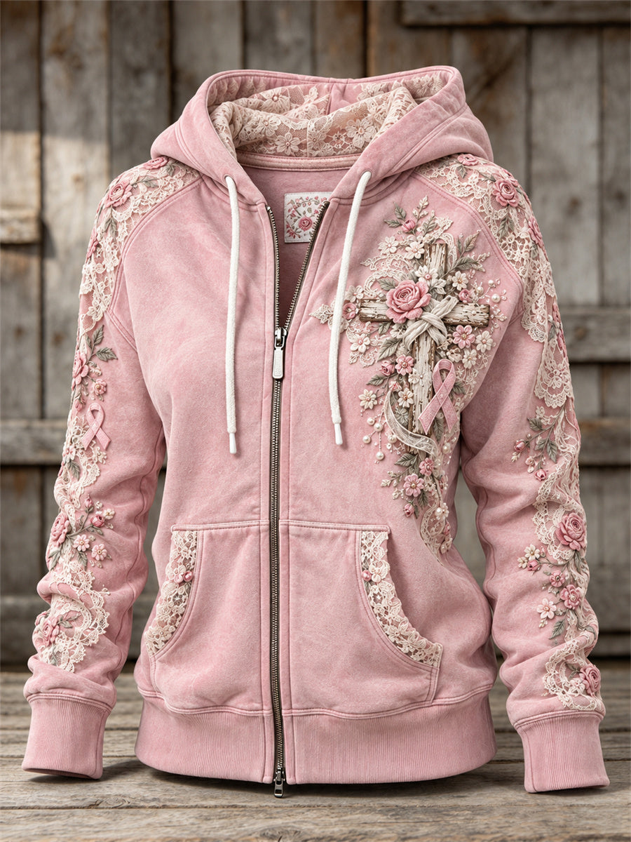 Women's Vintage Pink Roses Christian Cross Floral Lace Art Print Full Zip Hoodie