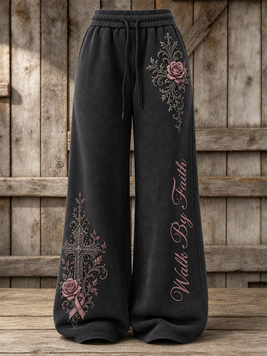 Women's Walk By Faith Gothic Cross & Pink Ribbon Roses Floral Print Wide Leg Sweatpants