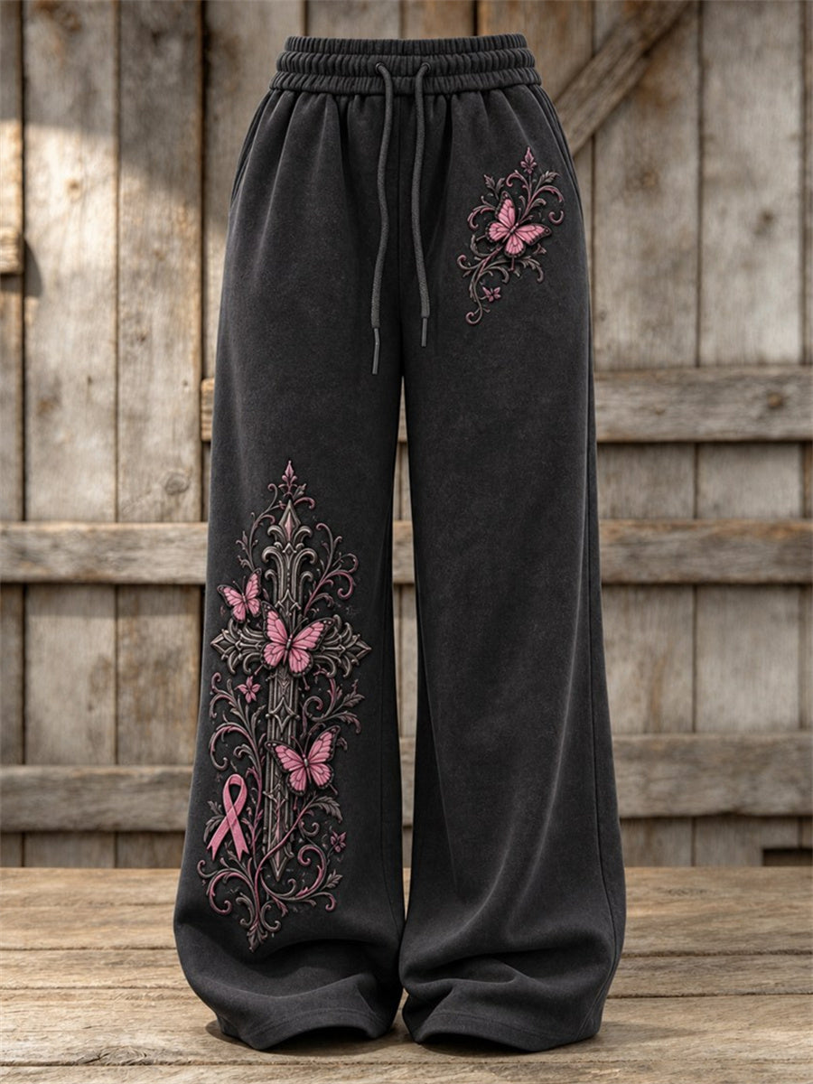 Women's Vintage Gothic Cross & Pink Ribbon Butterflies Print Wide Leg Sweatpants