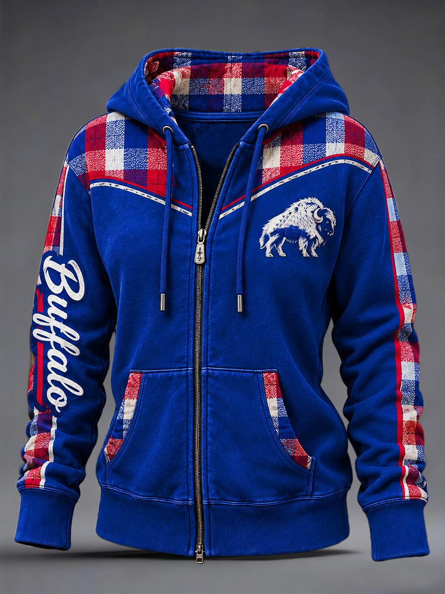 Women's Football Lover Buffalo Print Casual Zip-Up Hoodie