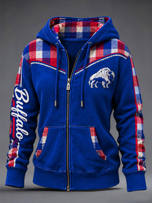 Women's Football Lover Buffalo Print Casual Zip-Up Hoodie