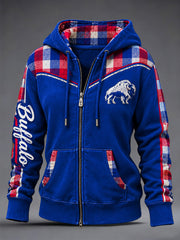 Women's Football Lover Buffalo Print Casual Zip-Up Hoodie
