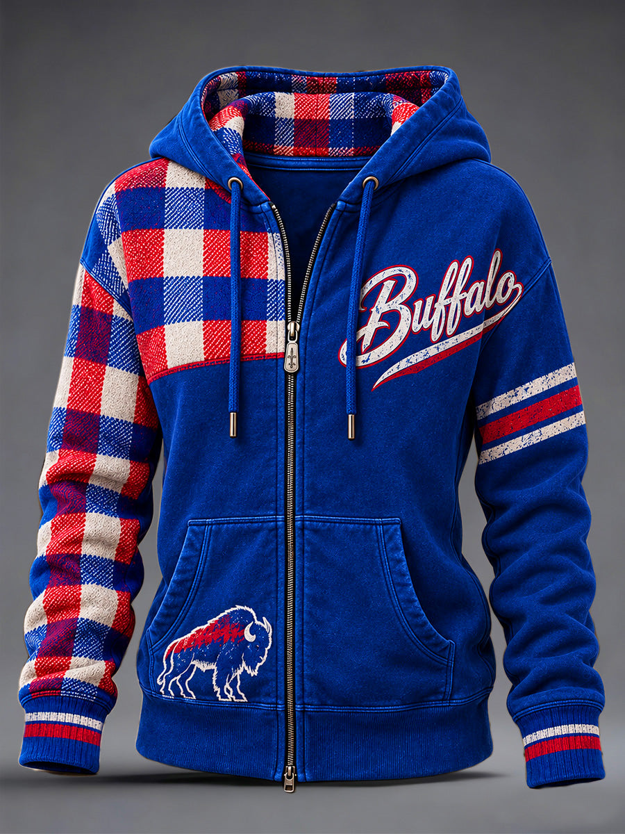 Women's Football Lover Buffalo Print Casual Zip-Up Hoodie