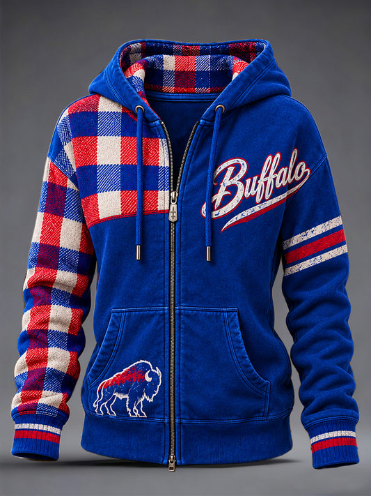 Women's Football Lover Buffalo Print Casual Zip-Up Hoodie