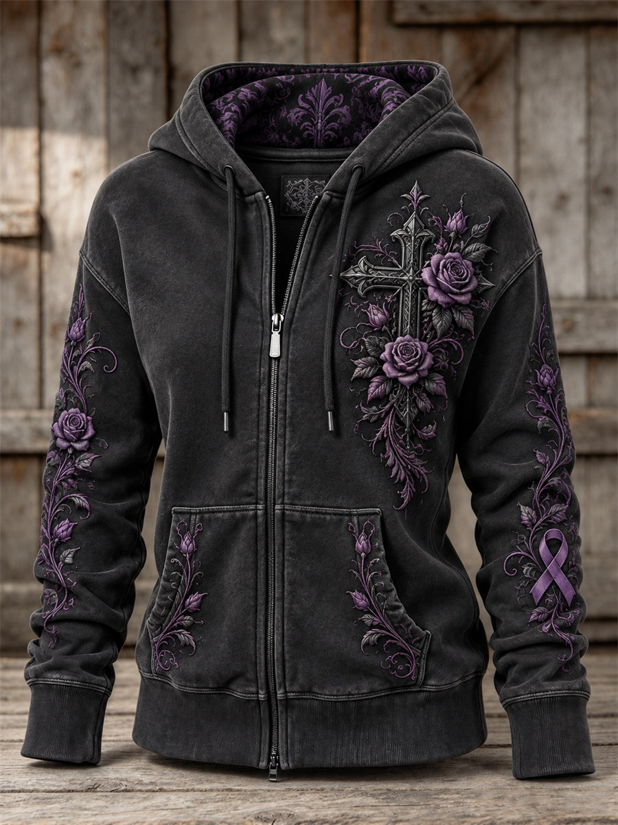 Women's Gothic Cross & Purple Ribbon Roses Floral Print Full Zip Hoodie