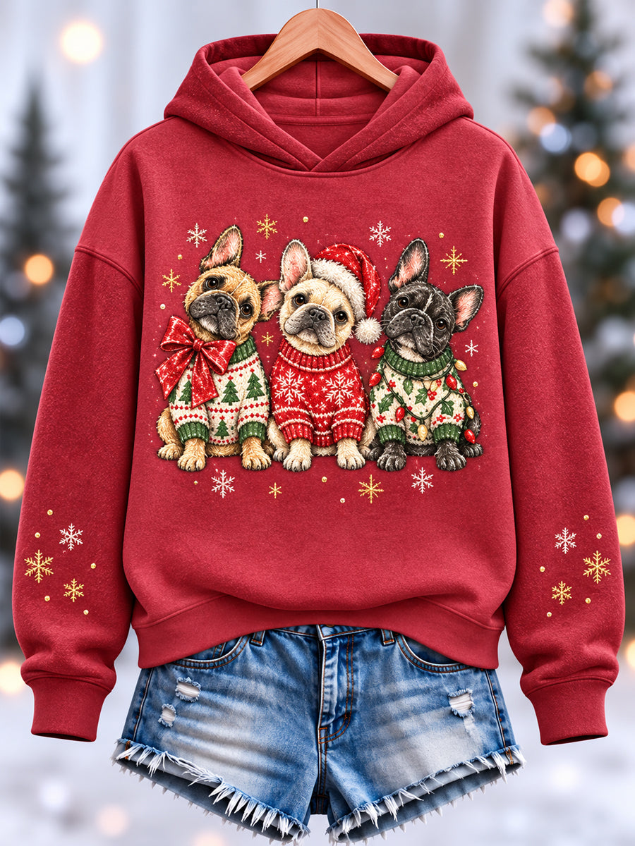 Women's Cute  French Bulldogs  Merry Christmas Print Casual Hoodie