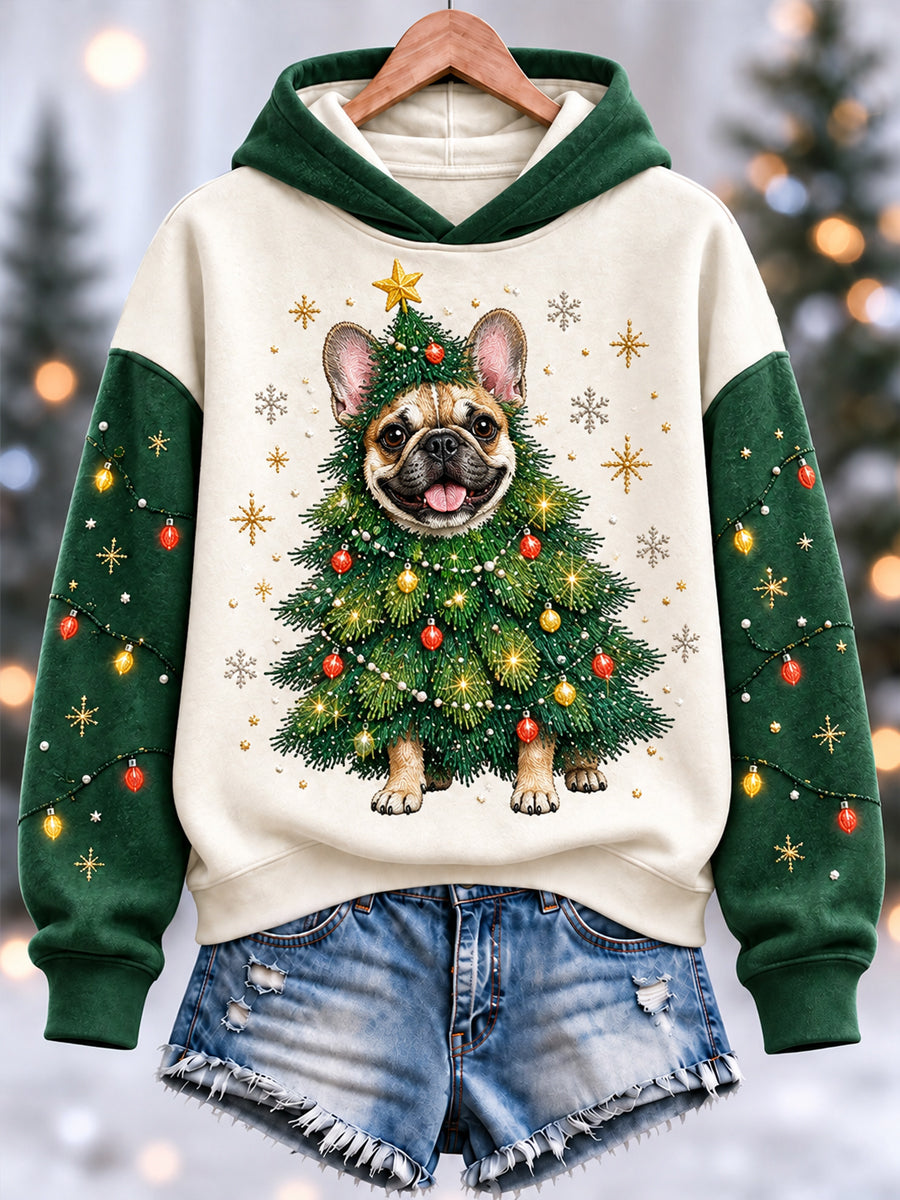 Women's Funny Cute French Bulldog Christmas Tree Print Casual Hoodie