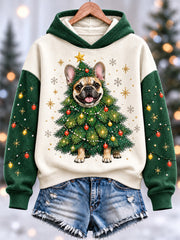 Women's Funny Cute French Bulldog Christmas Tree Print Casual Hoodie
