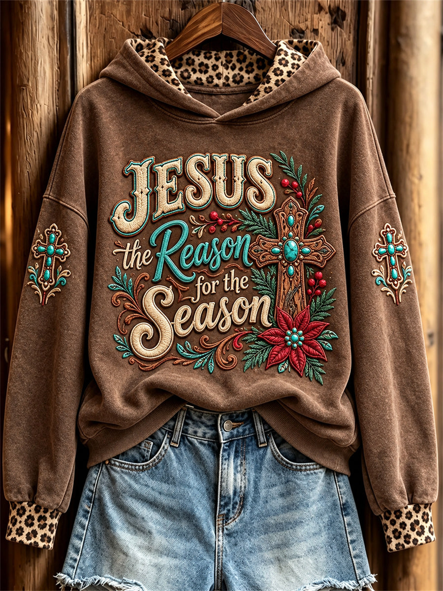Women's Jesus the Reason for the Season Christmas Western Cross Print Hoodie