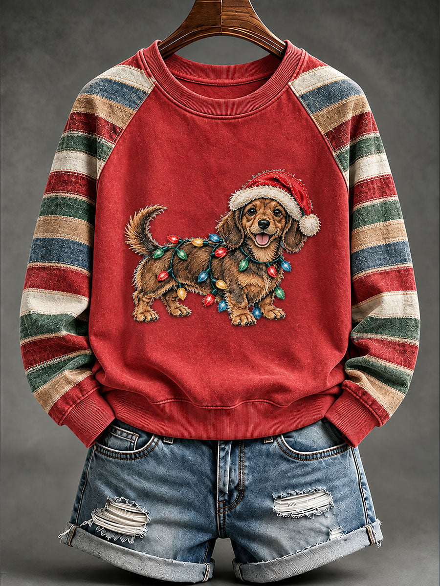 Women's Retro Christmas Dachshund Print Raglan Sleeve Sweatshirt