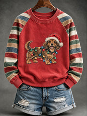 Women's Retro Christmas Dachshund Print Raglan Sleeve Sweatshirt