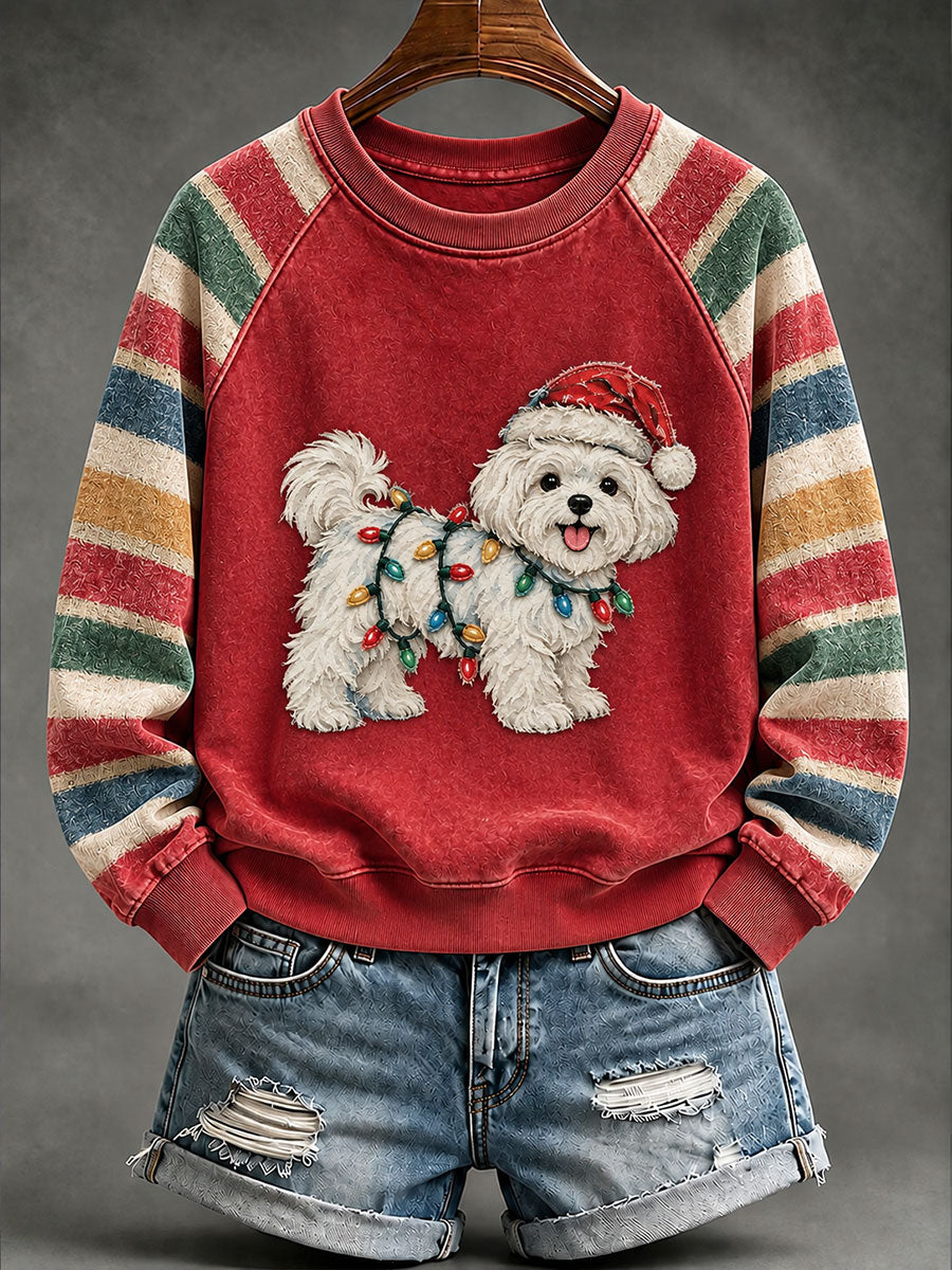 Women's Retro Christmas Maltese Dog Print Raglan Sleeve Sweatshirt