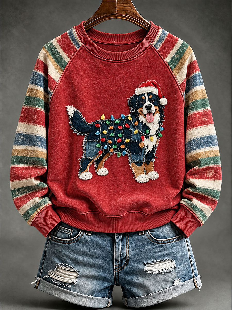 Women's Vintage Christmas Bernese Mountain Dog Print Raglan Sleeve Sweatshirt