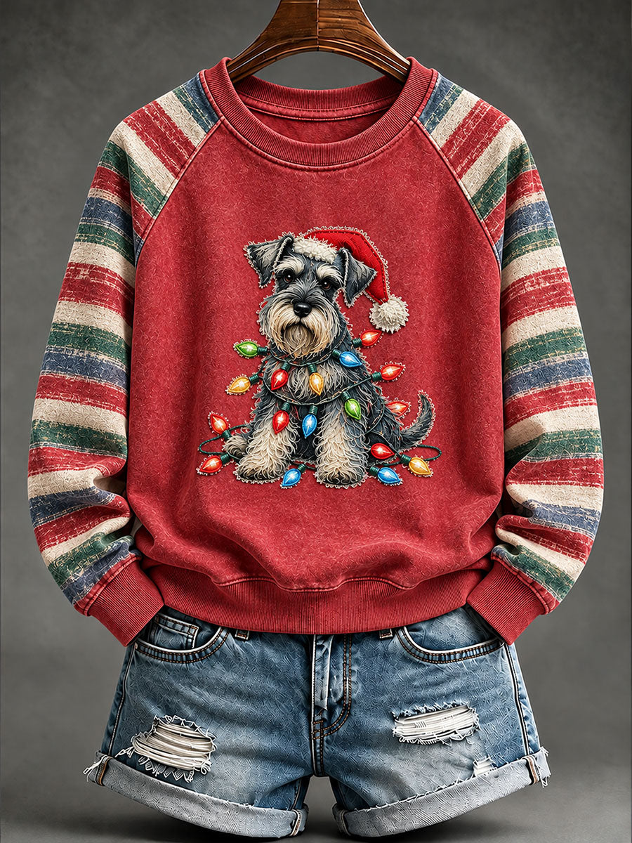 Women's Vintage Christmas Schnauzer Print Raglan Sweatshirt