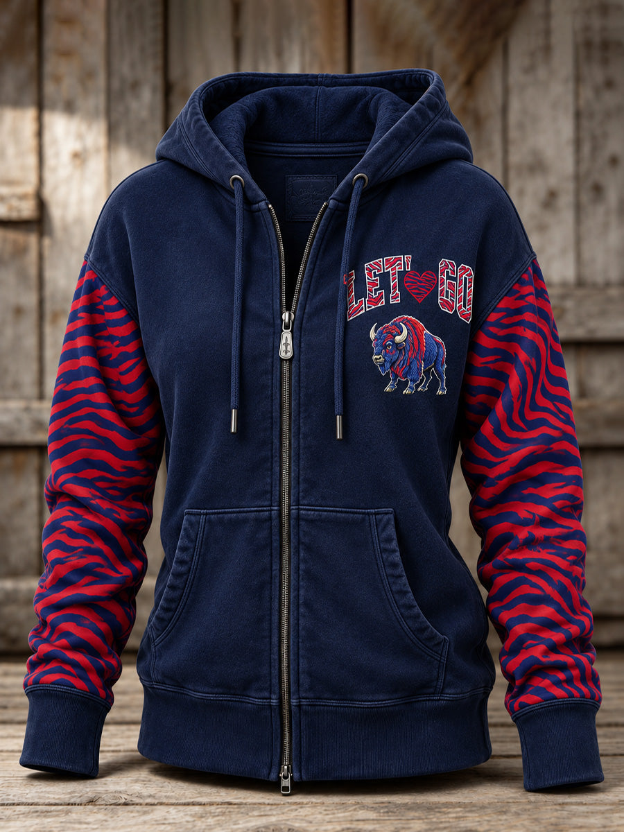 Women's Football Lover Buffalo Print Casual Zip-Up Hoodie