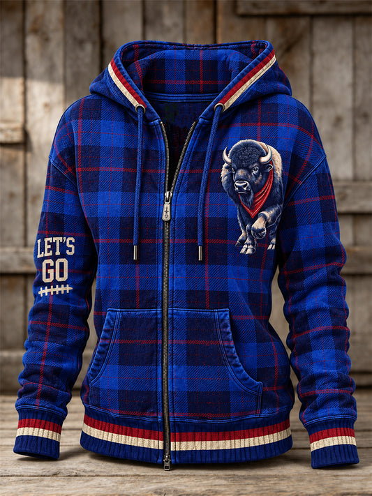 Women's Football Lover Buffalo Print Casual Zip-Up Hoodie