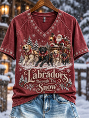 Women's Labradors Through The Snow Christmas Santa Claus & Dogs Print short-sleeved T-shirt
