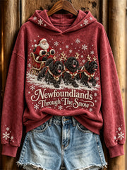 Women's Newfoundlands Through The Snow Christmas Santa Claus & Dogs Print Hoodie