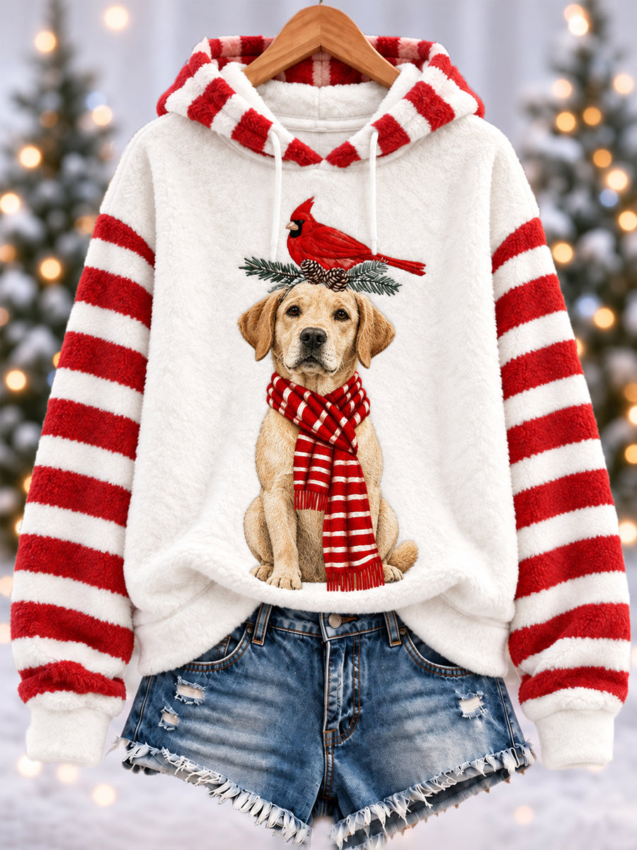 Women's Christmas Cute Funny Labrador Retriever Northern Cardinal Stripes Print Casual Flannel Hoodie