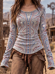 Women's Vintage Western Round-Neck Long-Sleeve T-Shirt