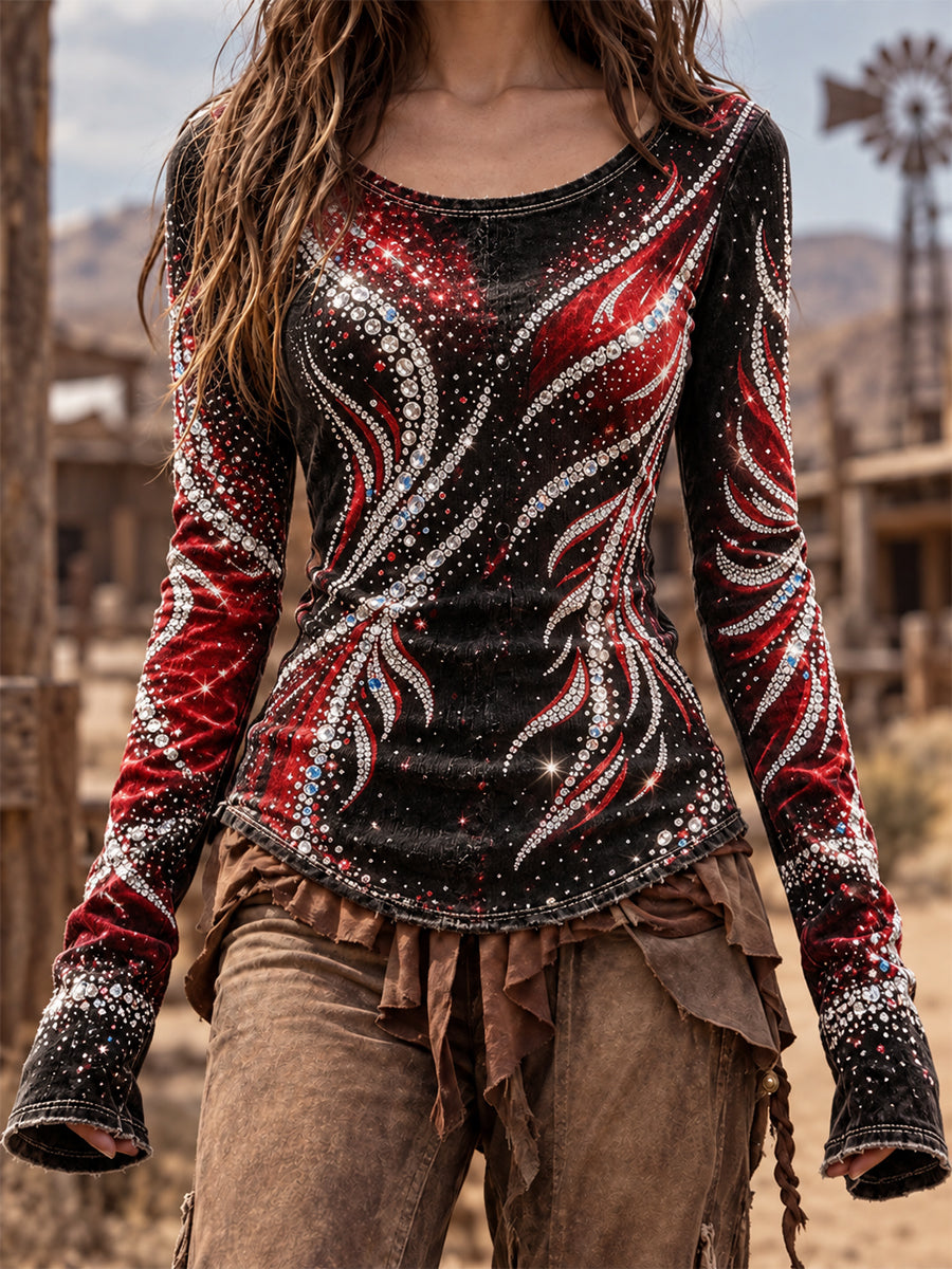 Women's Vintage Western Round-Neck Long-Sleeve T-Shirt