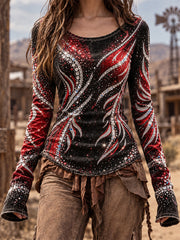 Women's Vintage Western Round-Neck Long-Sleeve T-Shirt