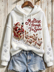 Women's Maltese Through The Snow Christmas Santa Claus & Dogs Print Flannel Hoodie