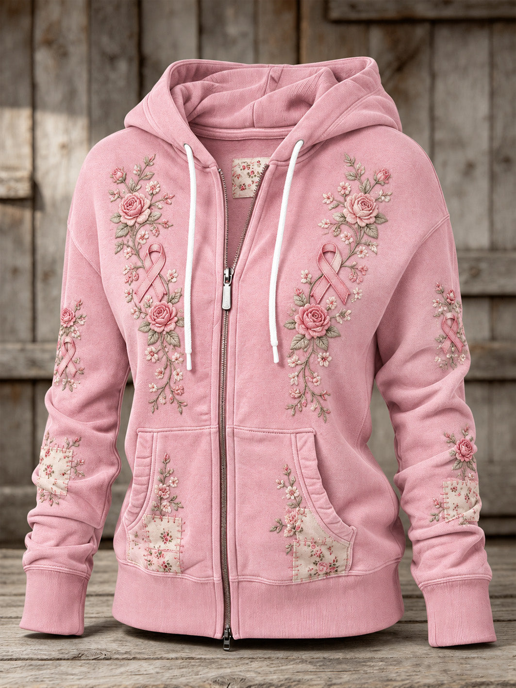 Women's Pink Rose and Pink Charity Ribbon Pattern Casual Zip-Up Hoodie