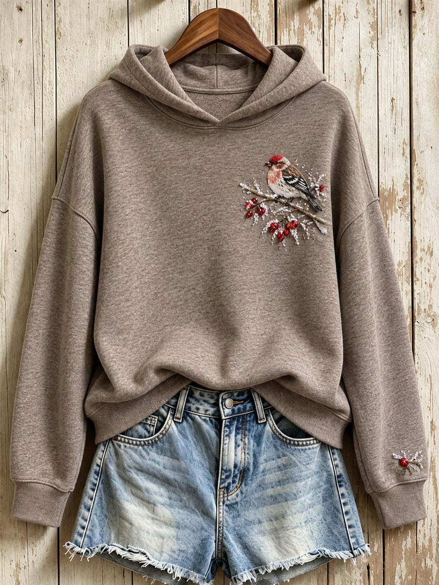 Women's Snowy Winter Common Redpoll On Branch Print Hoodie