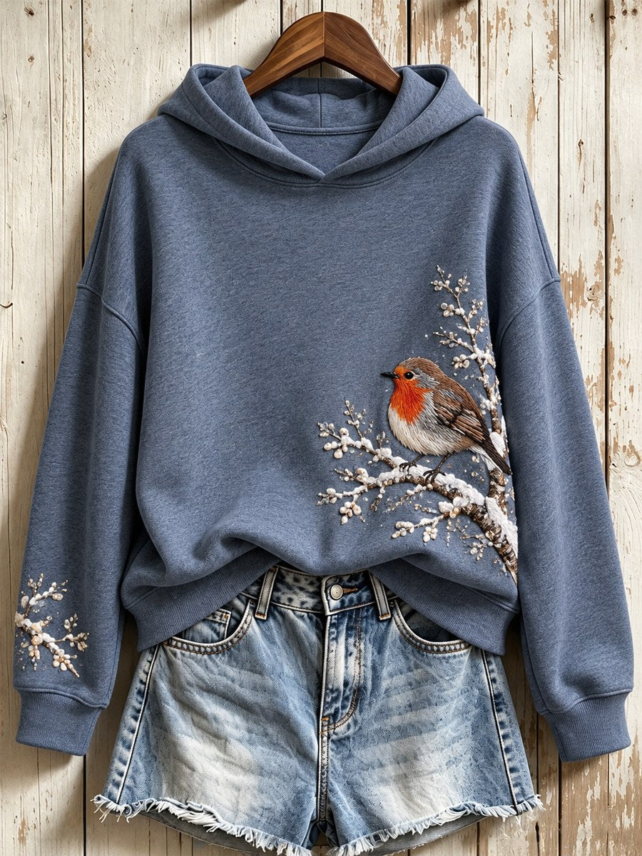 Women's Snowy Winter European Robin On Branch Print Hoodie