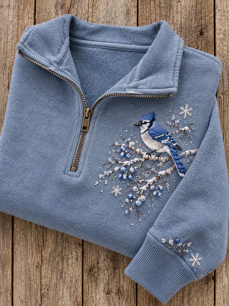 Women's Snowy Winter Blue Jay On Branch Print Zip Up Sweatshirt
