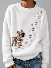 Women's Winter Snowy French Bulldog Pattern Casual Flannel Sweatshirt