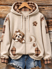 Women's Cute Peeking Shih Tzu Plaid Patchwork Print Zip-Up Hoodie