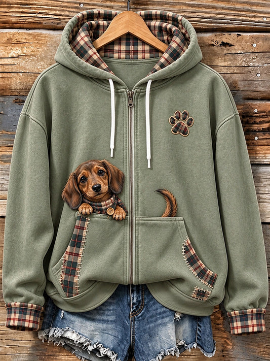 Women's Cute Peeking Dachshund Plaid Patchwork Print Zip-Up Hoodie