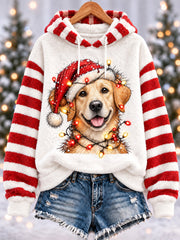 Women's Cute Christmas Dog Print Casual Flannel Hoodie