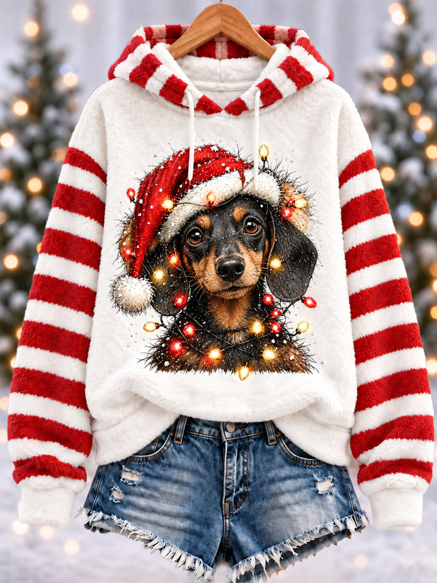 Women's Cute Christmas Dachshund Print Casual Flannel Hoodie