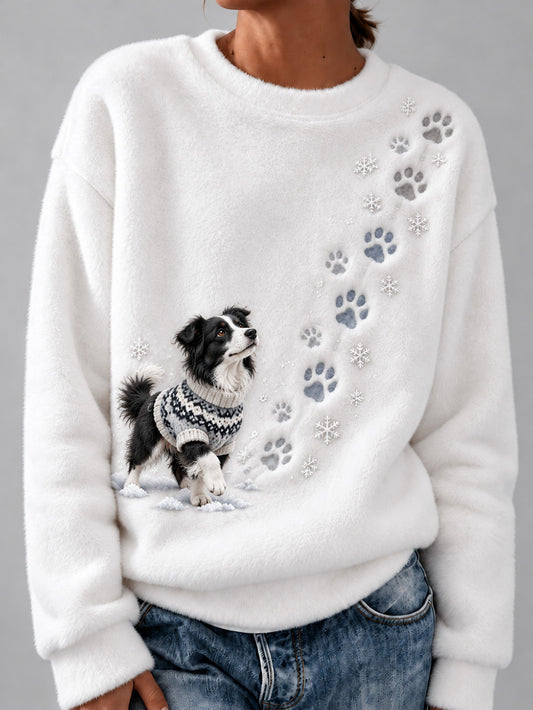 Women's Winter snowy Border Collie Pattern Causal Flannel Sweatshirt