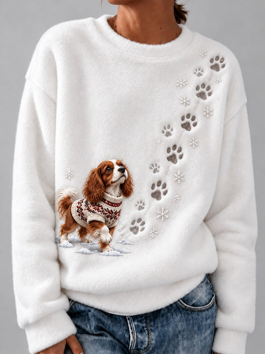 Women's Winter Snowy Cavalier King Charles Spaniel Pattern Casual Flannel Sweatshirt
