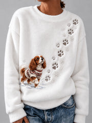 Women's Winter Snowy Cavalier King Charles Spaniel Pattern Casual Flannel Sweatshirt