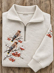 Women's Snowy Winter Bohemian Waxwing On Branch Print Zip Up Sweatshirt