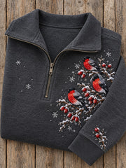 Women's Snowy Winter Eurasian Bullfinch On Branch Print Zip Up Sweatshirt