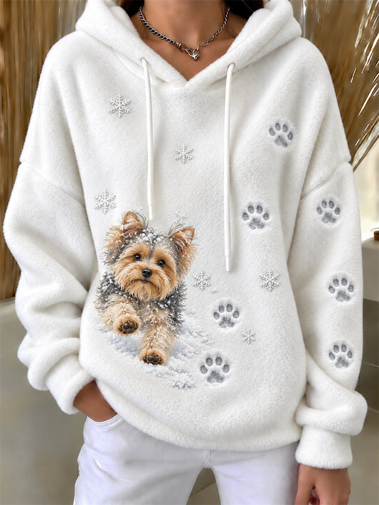 Women's Yorkie Dog Walking in the Snow Paw Prints & Snowflakes Print Flannel Hoodie