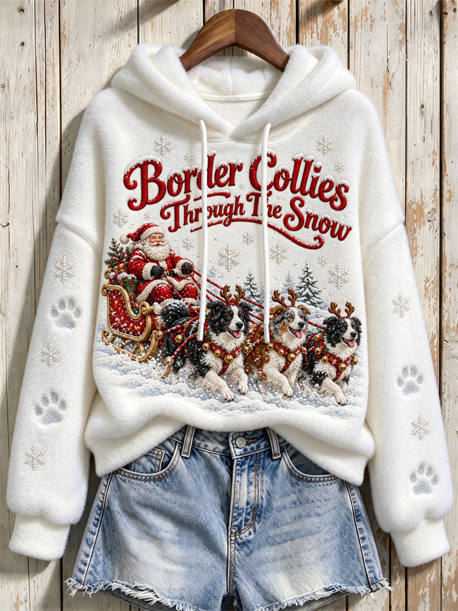 Women's Border Collies Through the Snow Christmas Santa Claus & Dogs Print Flannel Hoodie
